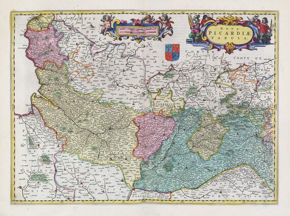 Picardie, Nova Picardiae Tabula, 1665, Bleau auth.  , une carte sur toile de coton épaisse, environ 56x70cm