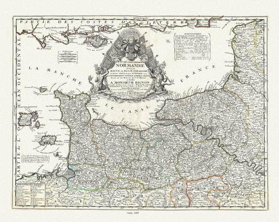 Le Duché et Gouvernement de Normandie divisé en Haute et Basse Normandie, en Divers Pays,1689, Nolin auth.50 x 70 cm or 20x25" approx.