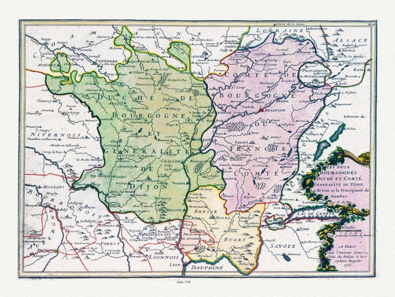 Burgundy: de Fer, Les deux Bourgognes Duche et Comte Generalite de Dijon, 1705 , carte sur toile de coton épaisse, environ 56x70cm