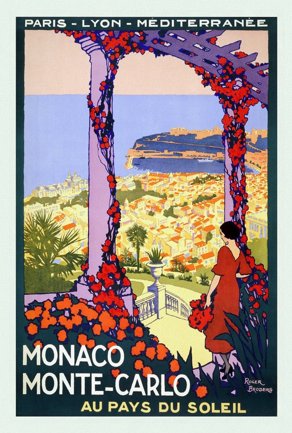 Monaco, Monte Carlo, Au Pays du Soleil , une affiche de voyage sur toile de coton épaisse, environ 56 x 70cm