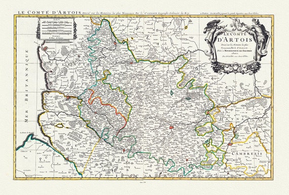 Artois: Jaillot, Mortier et Sanson, Le Comte d'Artois (France), 1708, carte sur toile de coton épaisse, environ 56x70cm