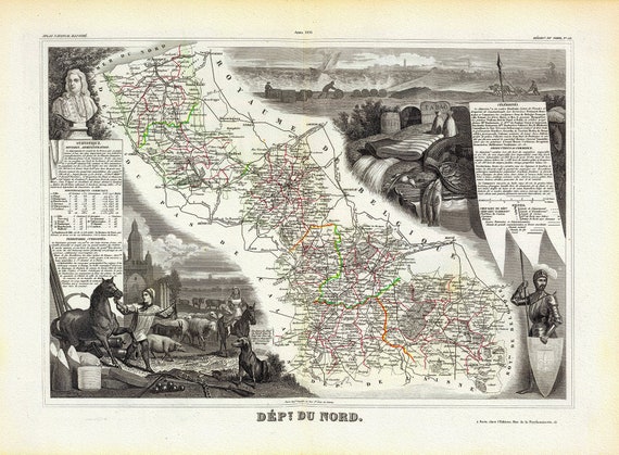 Nord de la France: Levasseur, Dept. Du Nord, 1856 carte sur toile de coton épaisse, environ 56x70cm