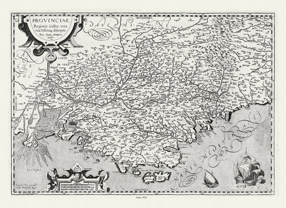 Provence: Michel de La Rochemaille et Le Clerc, Provinciae, Regionis Galliae, 1632, une carte sur toile de coton épaisse, environ 56x70cm