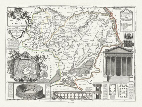 Diocese de Nismes, 1689, Nolin auth. , map on heavy cotton canvas, 20 x 30", 50 x 76cm, approx.