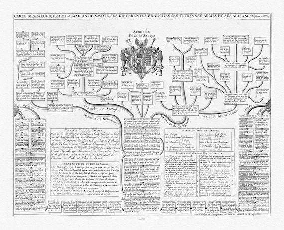 Une  Carte genealogique de la maison de Savoye, 1720, sur toile de coton épaisse, environ 56x70cm