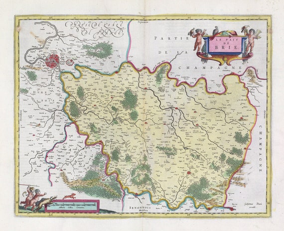 Le Pais De Brie, 1665, Bleau auth., une carte sur toile de coton épaisse, environ 56x70cm