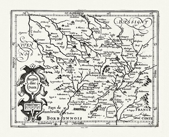 Burgundy: Mercator et Hondius, Burgundiae Ducatus, 1607 , carte sur toile de coton épaisse, environ 56x70cm