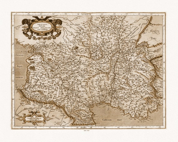 Mercator et Hondius, Aquitania australis Regnu Arelatense cum confinijs, 1623 Ver. S, carte sur toile de coton épaisse, environ 56x70cm