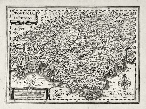 Provence: Provincia .1636. Mercator et al. auth., une carte sur toile de coton épaisse, environ 56x70cm