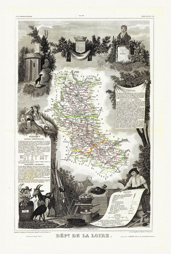 Loire: Levasseur, Dept. De La Loire, 1856 , une carte sur toile de coton épaisse, environ 56x70cm