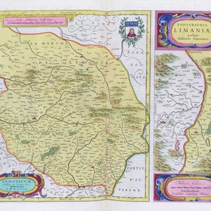 Limosin, [gauche] Lemovicvm; [droit] Topographia Liminiae, 1665, Blaeu auth. , une carte sur toile de coton épaisse, environ 56x70cm