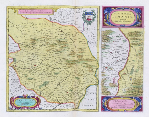 Limosin, [gauche] Lemovicvm; [droit] Topographia Liminiae, 1665, Blaeu auth. , une carte sur toile de coton épaisse, environ 56x70cm