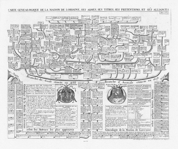 Henri Chatelain, Tome III. No. 70. Carte genealogique de la Maison de Lorraine, 1720, sur toile de coton épaisse, environ 56x70cm