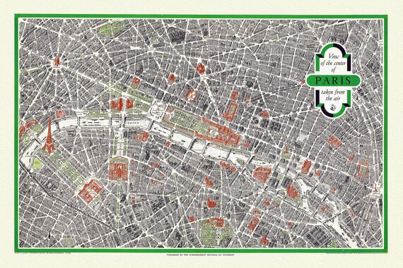 Editions Blondel, Vue du centre de Paris, prise du ciel, 1959, carte sur toile de coton épaisse, environ 56x70cm