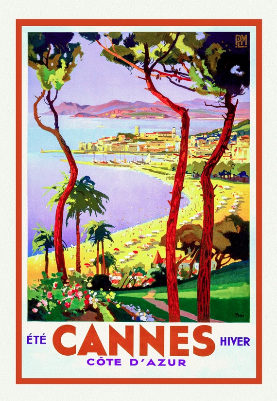 Cannes, Cote d'Azur, une affiche de voyage sur toile de coton épaisse, environ 56 x 70cm