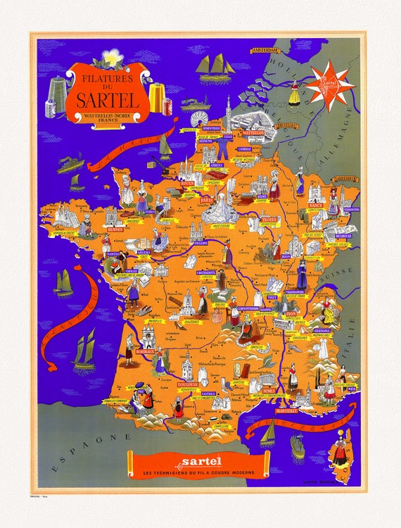 Lucien Bouchard, Filatures du Sartel, Wattrelos (Nord) France, 1955 ,une carte sur toile de coton épais, 56x70cm environ