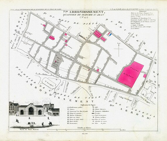 Perrot, Paris 7 Me. Arrondissement  Quartier du Marche St. Jean. No. 27, 1834 , une carte sur toile de coton épaisse, environ 56x70cm