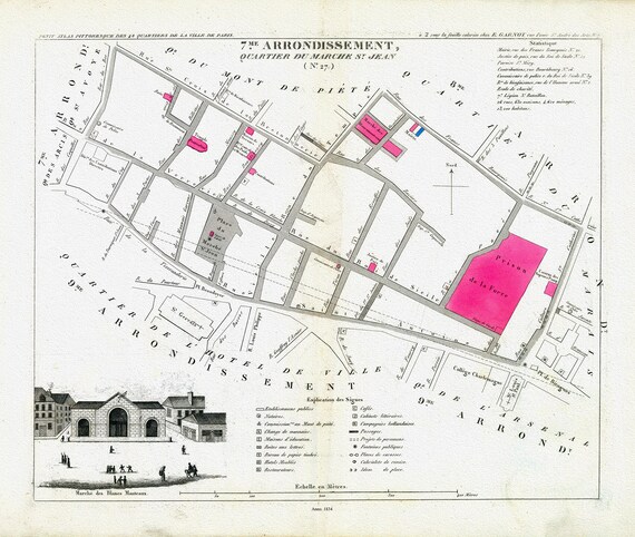 Perrot, Paris 7 Me. Arrondissement  Quartier du Marche St. Jean. No. 27, 1834 , une carte sur toile de coton épaisse, environ 56x70cm