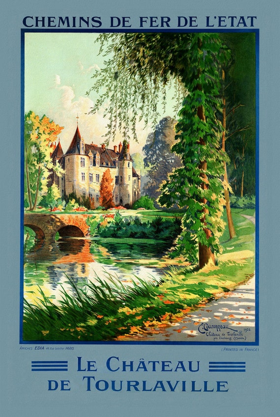 Chateau de Tourlaville, 1922, une affiche de voyage sur toile de coton épaisse, environ 56 x 70cm