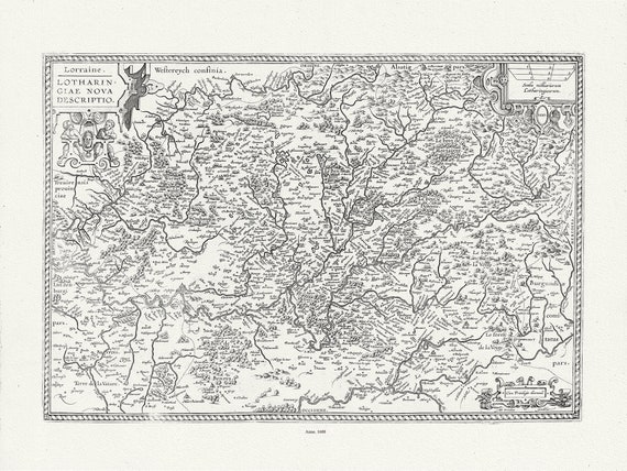 France, Lorraine, Lotharingiae. Ortelius et Vrients, 1608 , une carte sur toile de coton épaisse, environ 56x70cm