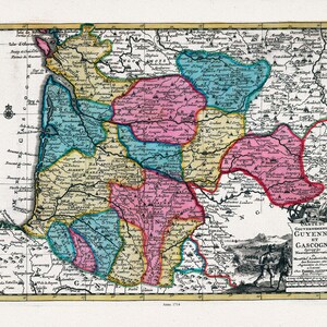 van der Aa, Carte du gouvernement de Guyenne et Gascogne, 1714 , carte sur toile de coton épaisse, environ 56x70cm