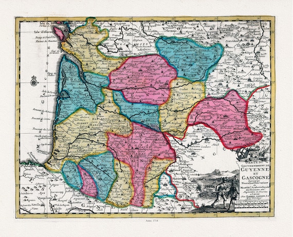 van der Aa, Carte du gouvernement de Guyenne et Gascogne, 1714 , carte sur toile de coton épaisse, environ 56x70cm