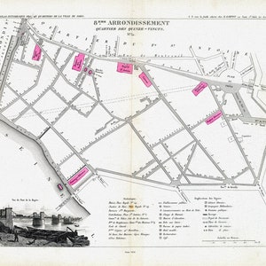 Perrot, Paris 8 Me. Arrondissement  Quartier des Quinze - Vingts. No. 32, 1834, une carte sur toile de coton épaisse, environ 56x70cm