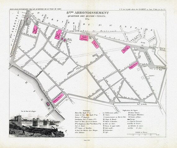 Perrot, Paris 8 Me. Arrondissement  Quartier des Quinze - Vingts. No. 32, 1834, une carte sur toile de coton épaisse, environ 56x70cm