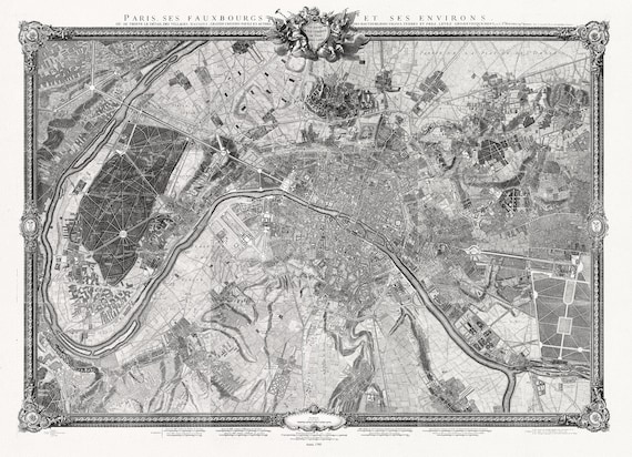 Paris ses fauxbourgs et ses environs, 1795, Roussel,, une carte sur toile, 50x70cm APPROX