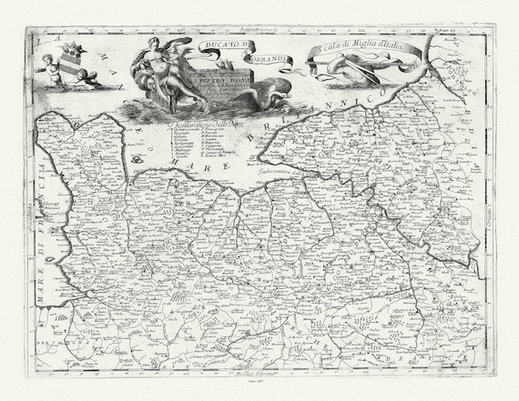 Normandy: Coronelli et Accademia cosmografica degli Argonauti, Ducato di Normandia, 1697, carte sur toile de coton épaisse, environ 56x70cm