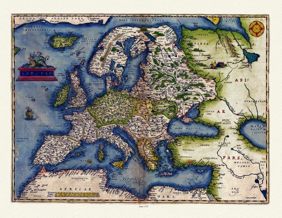 Ortelius ,(Abraham, 1527-1598), Europae, 1572,  ,une carte sur toile de coton épais, 56x70cm environ