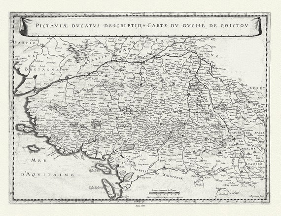 Poictou: Mariette, Pictaviae ducatus descriptio., Carte du Duche de Poictou, 1653 , carte sur toile de coton épaisse, environ 56x70cm