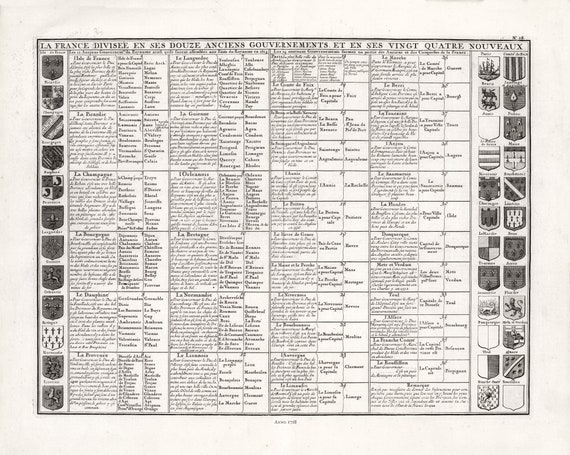 Henri Chatelain, La France Divisee En Ses Douze Anciens Gouvernements, 1718, une carte sur toile de coton épais, 56x70cm environ