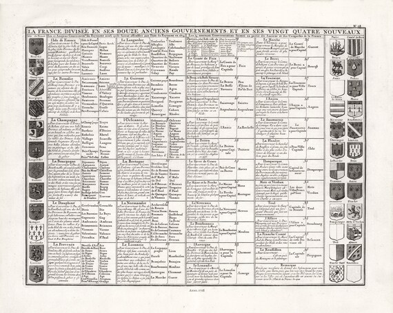 Henri Chatelain, La France Divisee En Ses Douze Anciens Gouvernements, 1718, une carte sur toile de coton épais, 56x70cm environ