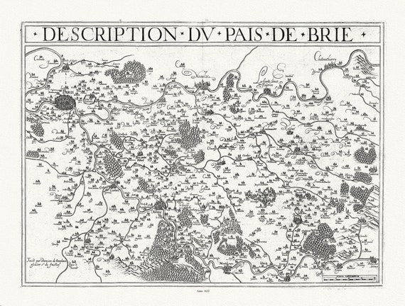 Champagne-Brie: Michel de La Rochemaille et Le Clerc, Description du Pais de Brie, 1632 , carte sur toile de coton épaisse, environ 56x70cm