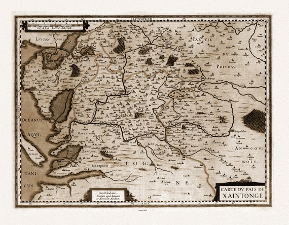 Poictou: Carte Du Pais De Xaintonge., Amstelodami excudit Judocus Hondius, 1623 Ver. S, , carte sur toile de coton épaisse, environ 56x70cm