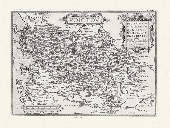 Poictou. Pictonum Vicinarum que Regionum Fidiss Descriptio, 1632 , carte sur toile de coton épaisse, environ 56x70cm