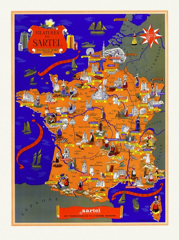 Filatures du Sartel . Wattrelos (Nord) France, 1955, une carte sur toile de coton épaisse, environ 25x100 cm