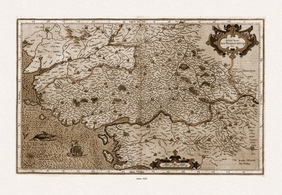 Poictou sive Pictaviae descriptio., Per Gerardum Mercatorem Cum Privilegio, 1623 Ver. S, carte sur toile de coton épaisse, environ 56x70cm