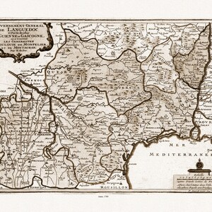 Languedoc: de Fer, Gouvernement General de Languedoc et Partie de celuy de Guienne et Gascogne, 1705 Ver. S , toile  coton épaisse, 56x70cm