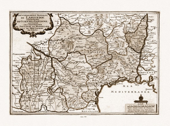 Languedoc: de Fer, Gouvernement General de Languedoc et Partie de celuy de Guienne et Gascogne, 1705 Ver. S , toile  coton épaisse, 56x70cm