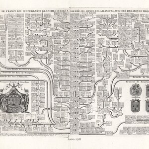 Henri Chatelain- Nouvelle carte genealogique de la maison royale de France, 1718, ,une carte sur toile de coton épais, 30x70cm environ