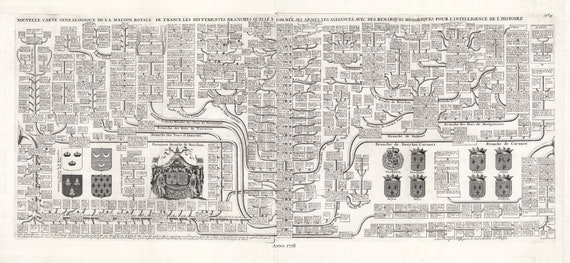 Henri Chatelain- Nouvelle carte genealogique de la maison royale de France, 1718, ,une carte sur toile de coton épais, 30x70cm environ