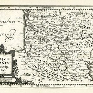 Aquataine. Aquitaniae descriptio.1636. Mercator et al. auth., une carte sur toile de coton épaisse, environ 56x70cm