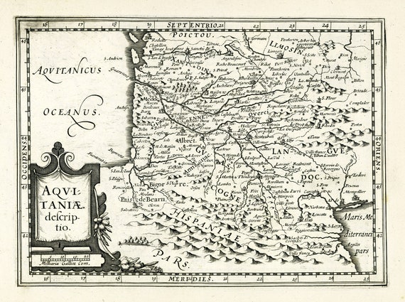 Aquataine. Aquitaniae descriptio.1636. Mercator et al. auth., une carte sur toile de coton épaisse, environ 56x70cm