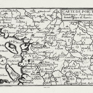 Poictou: Tassin,Carte de Poictou Xaintonge Angoulmois et Pays d'Aunis, 1636, carte sur toile de coton épaisse, environ 56x70cm