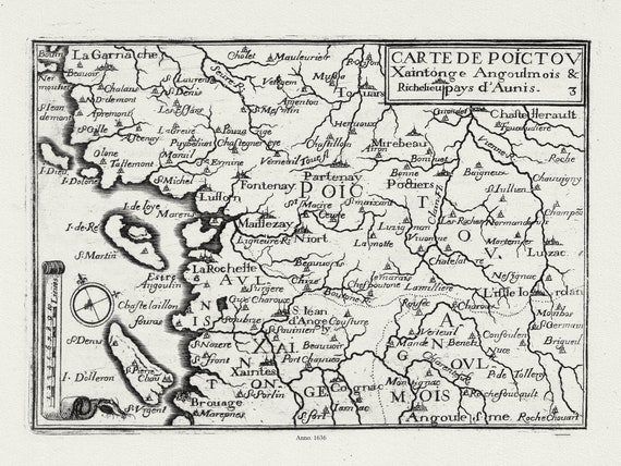 Poictou: Tassin,Carte de Poictou Xaintonge Angoulmois et Pays d'Aunis, 1636, carte sur toile de coton épaisse, environ 56x70cm