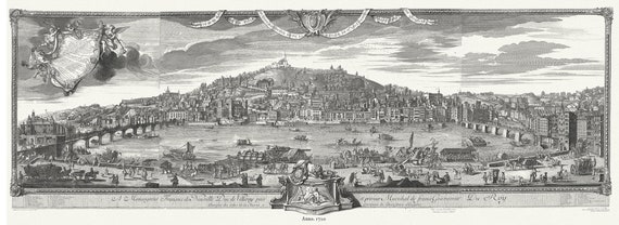 Lyon: Vue d'une partie de la ville de Lion, 1720,  Cleric et Polly auths., historic map on heavy material, 50 x 150 cm Approx.