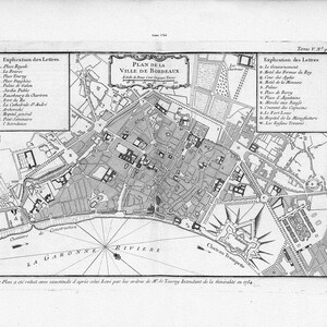 Bellin, Plan de la ville de Bordeaux, France, 1764, carte sur toile de coton épaisse, environ 56x70cm