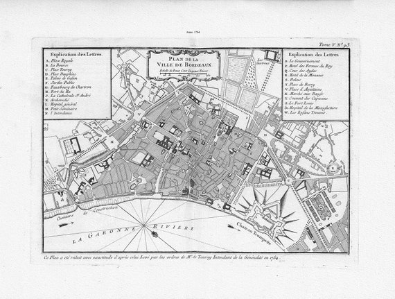 Bellin, Plan de la ville de Bordeaux, France, 1764, carte sur toile de coton épaisse, environ 56x70cm